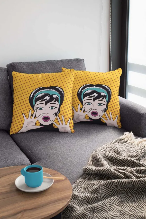 Sarı Kırlent Kılıfı Sarı Pop Art Çift Taraflı Yastık Kırlent Kılıfı KRL069
