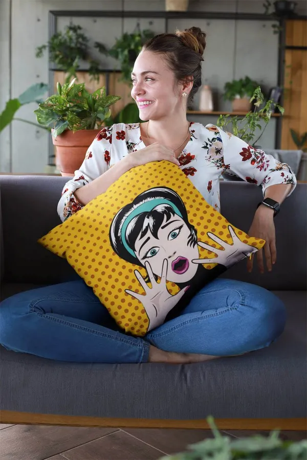 Sarı Kırlent Kılıfı Sarı Pop Art Çift Taraflı Yastık Kırlent Kılıfı KRL069