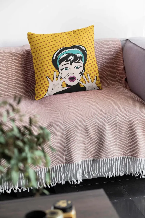 Sarı Kırlent Kılıfı Sarı Pop Art Çift Taraflı Yastık Kırlent Kılıfı KRL069