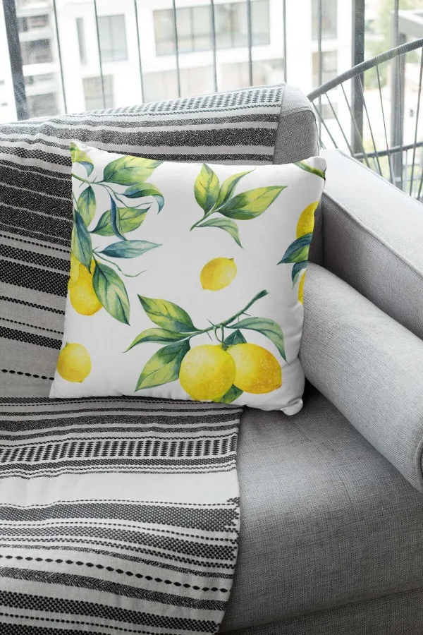 Limonlu Yastık Kılıfı Sarı Limonlu Çift Taraflı Yastık Kırlent Kılıfı KRL081
