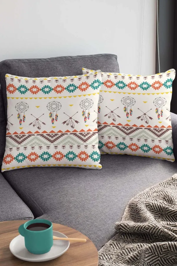Kilim Desenli Kırlent Kılıfı Bej Etnik Desenli Çift Taraflı Yastık Kırlent Kılıfı KRL086
