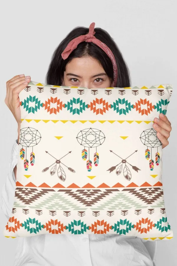 Kilim Desenli Kırlent Kılıfı Bej Etnik Desenli Çift Taraflı Yastık Kırlent Kılıfı KRL086