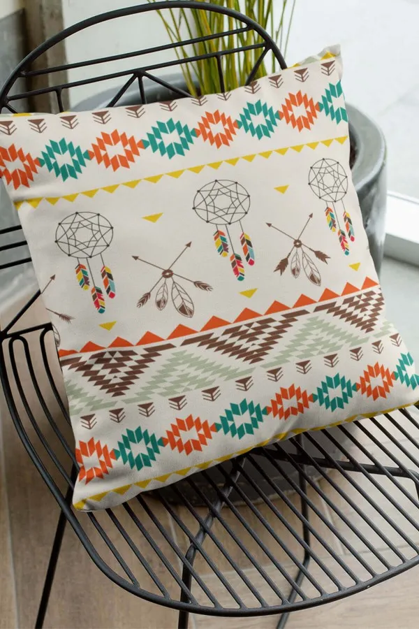 Kilim Desenli Kırlent Kılıfı Bej Etnik Desenli Çift Taraflı Yastık Kırlent Kılıfı KRL086