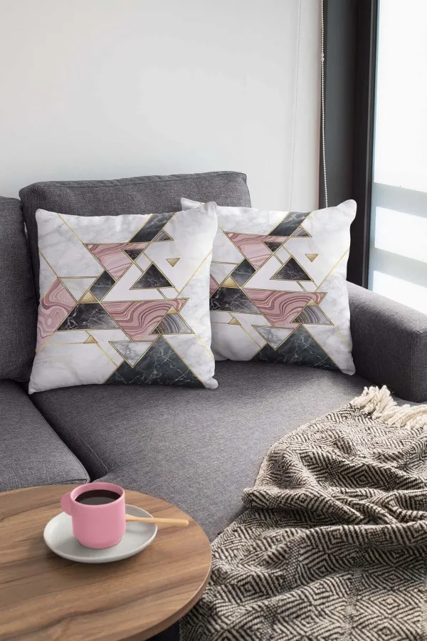 Gri Pembe Yastık Kılıfı Pembe Geometrik Çift Taraflı Yastık Kırlent Kılıfı KRL092