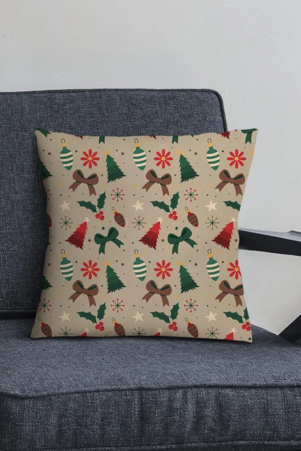 Bej Christmas Noel Çift Taraf Yastık Kırlent Kılıfı KRL1038