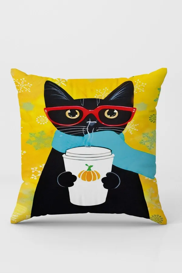 Kedi Desenli Yastık Sarı Kedi Desenlili Çift Taraf Yastık Kırlent Kılıfı KRL1115