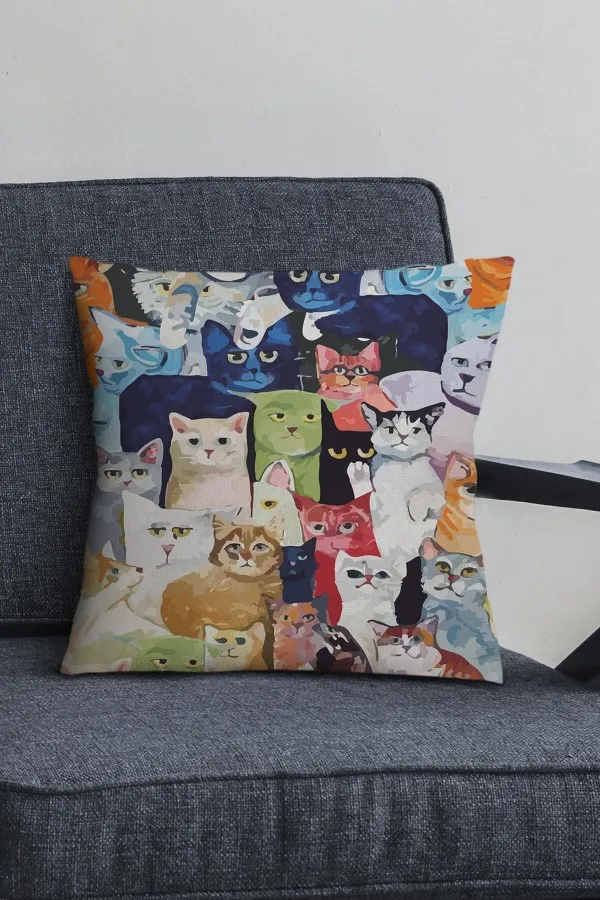 Kedi Desenli Yastık Renkli Kedili Çift Taraflı Yastık Kırlent Kılıfı KRL1120