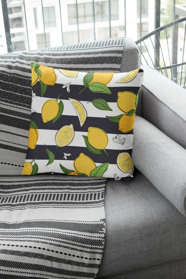 Limon Desenli Kırlent Sarı Limonlu Çift Taraflı Yastık Kırlent Kılıfı KRL124