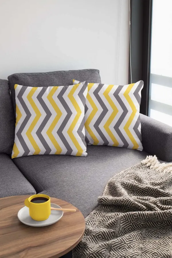 Gri Sarı Kırlent Kılıfı Sarı Zigzag Çift Taraflı Yastık Kırlent Kılıfı KRL137