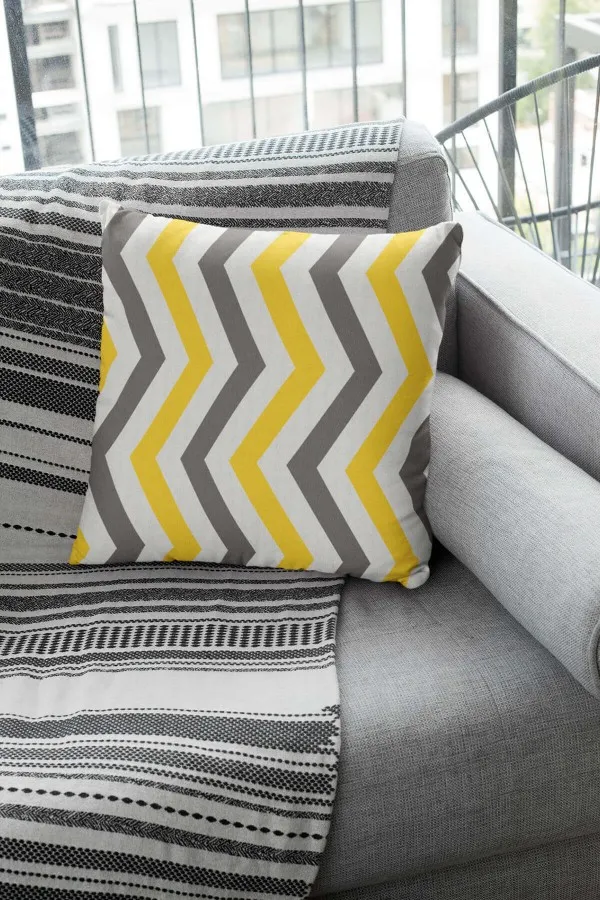 Gri Sarı Kırlent Kılıfı Sarı Zigzag Çift Taraflı Yastık Kırlent Kılıfı KRL137