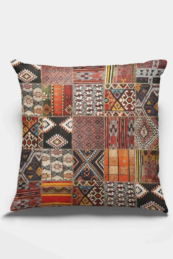 Patchwork Yastık Kılıfı Turuncu Patchwork Çift Taraflı Yastık Kırlent Kılıfı KRL168