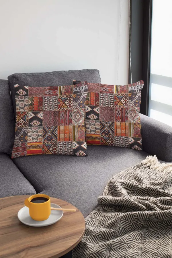 Patchwork Yastık Kılıfı Turuncu Patchwork Çift Taraflı Yastık Kırlent Kılıfı KRL168