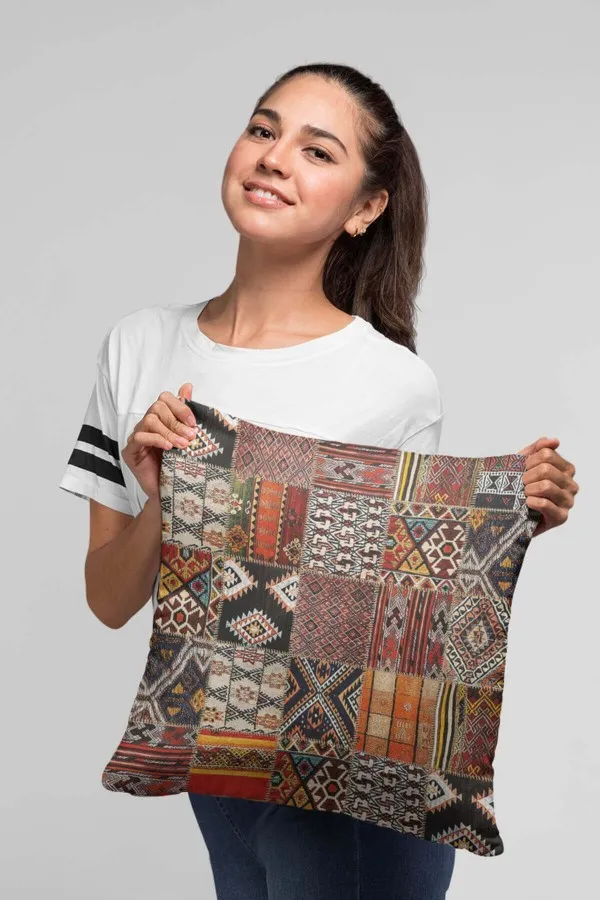 Patchwork Yastık Kılıfı Turuncu Patchwork Çift Taraflı Yastık Kırlent Kılıfı KRL168