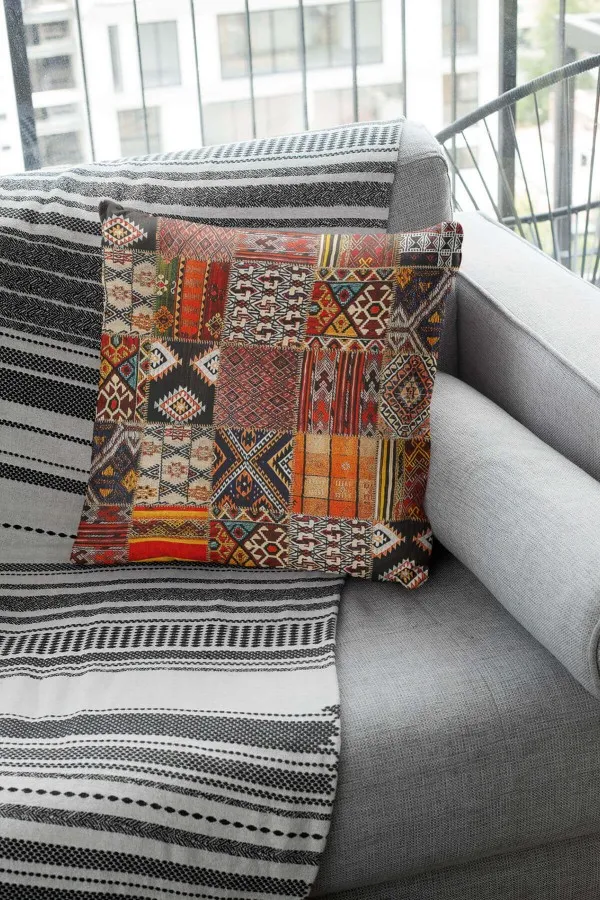 Patchwork Yastık Kılıfı Turuncu Patchwork Çift Taraflı Yastık Kırlent Kılıfı KRL168