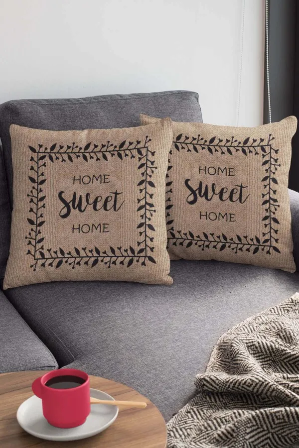 Home Sweet Home Yastık Bej Hasır Görünümlü Çift Taraflı Kırlent Kılıfı KRL184