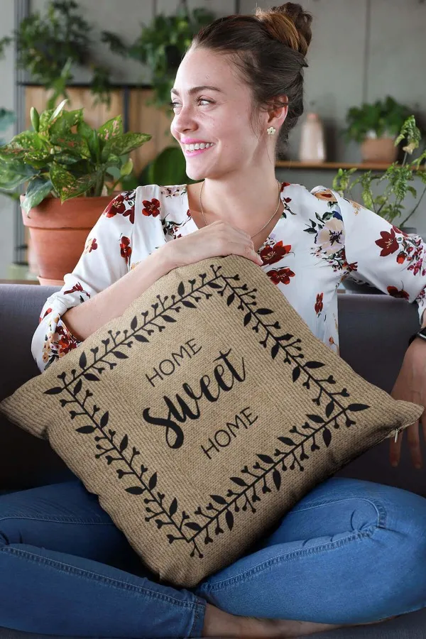 Home Sweet Home Yastık Bej Hasır Görünümlü Çift Taraflı Kırlent Kılıfı KRL184