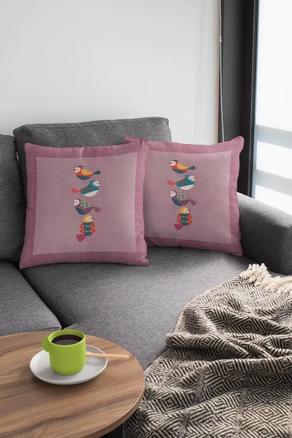Kuş Desenli Kırlent Pembe Kuşlu Çift Taraflı Yastık Kırlent Kılıfı KRL213