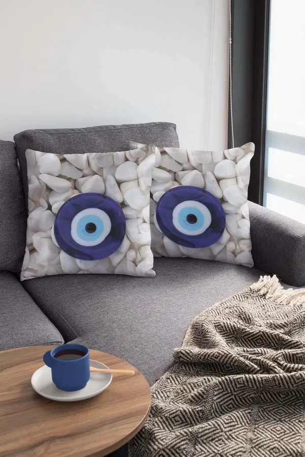 Nazar Boncuklu Kırlent Modelleri Beyaz 3D Üç Boyutlu Nazar Boncuklu Kırlent Kılıfı KRL277