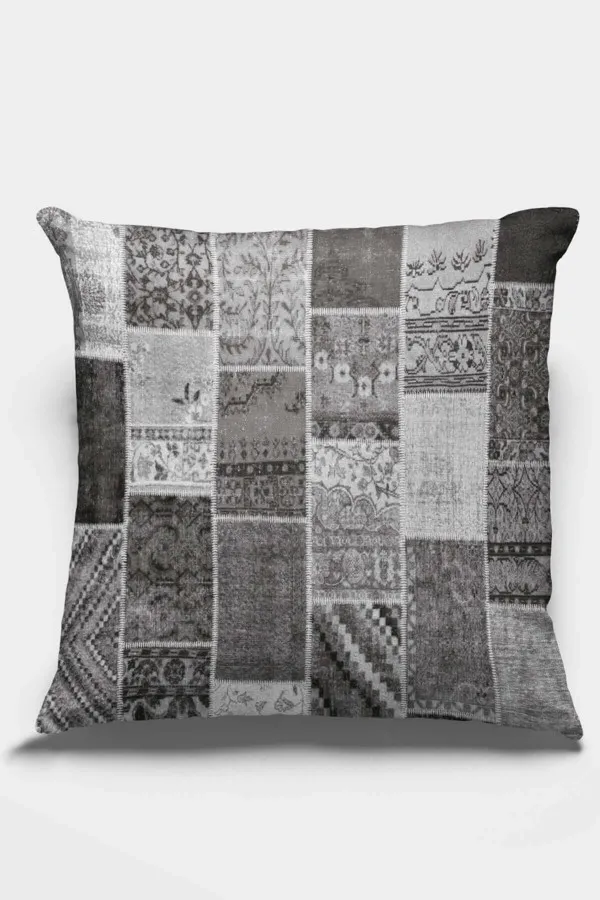 Patchwork Kırlent Gri Patchwork Çift Taraflı Yastık Kırlent Kılıfı KRL292
