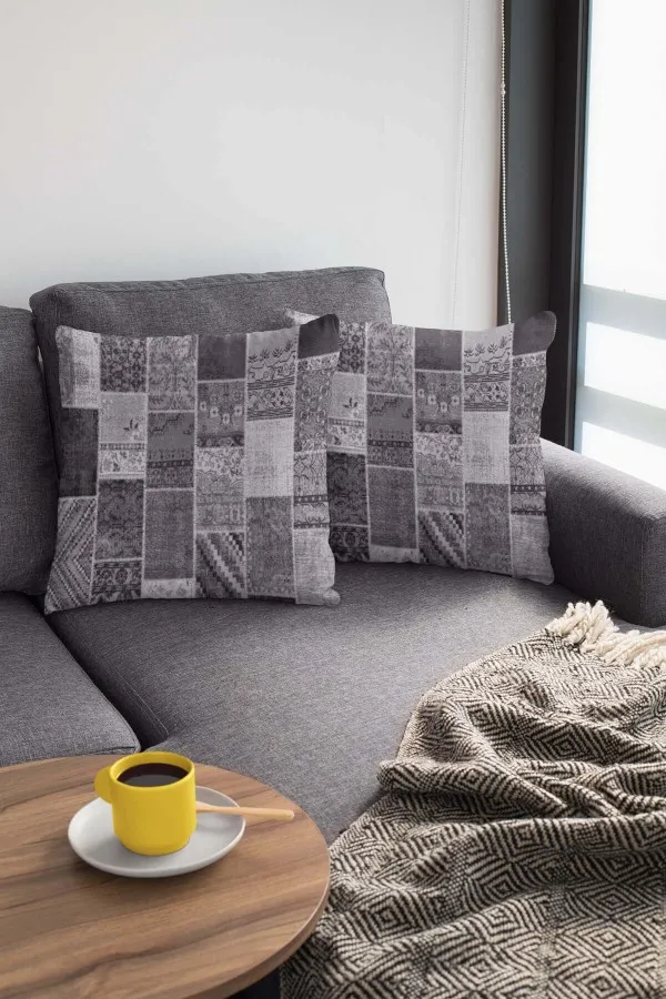 Patchwork Kırlent Gri Patchwork Çift Taraflı Yastık Kırlent Kılıfı KRL292