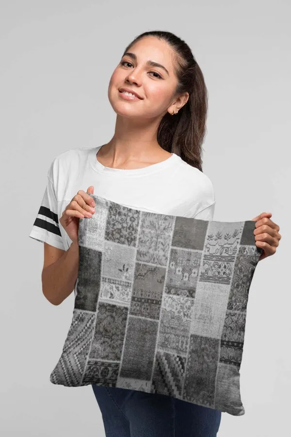 Patchwork Kırlent Gri Patchwork Çift Taraflı Yastık Kırlent Kılıfı KRL292