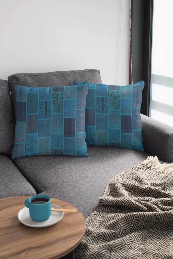 Patchwork Kırlent Modelleri Turkuaz Patchwork Çift Taraflı Yastık Kırlent Kılıfı KRL294