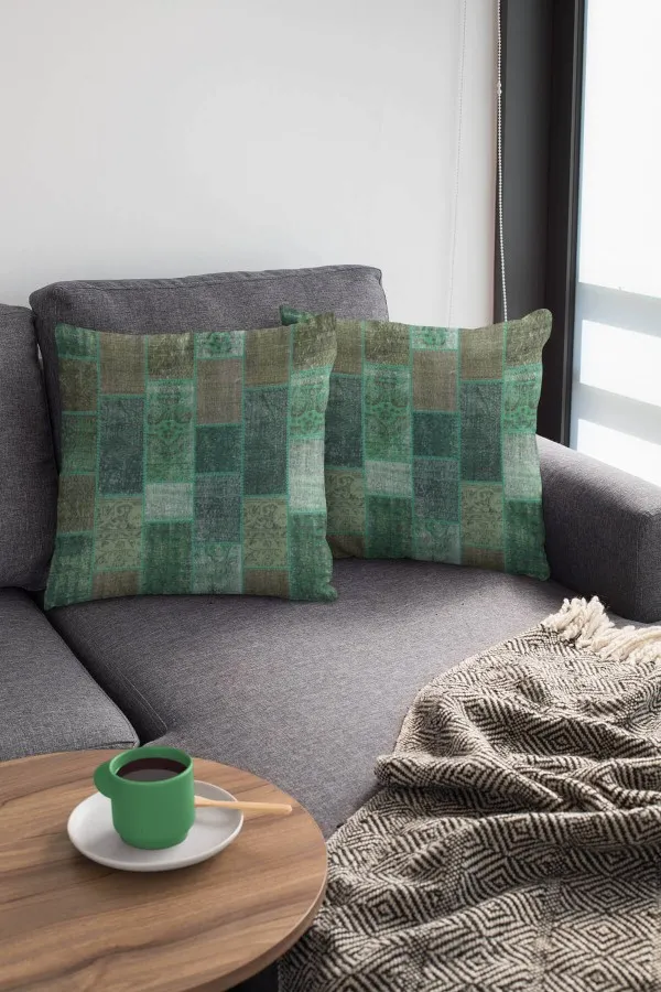 Patchwork Kırlent Modelleri Yeşil Patchwork Çift Taraflı Yastık Kırlent Kılıfı KRL295