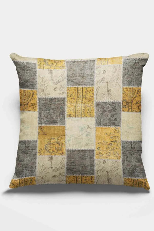 Gri Sarı Kırlent Kılıfı Sarı Patchwork Çift Taraflı Yastık Kırlent Kılıfı KRL296