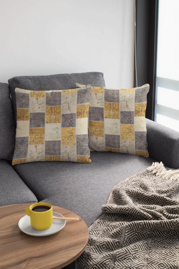 Gri Sarı Kırlent Kılıfı Sarı Patchwork Çift Taraflı Yastık Kırlent Kılıfı KRL296