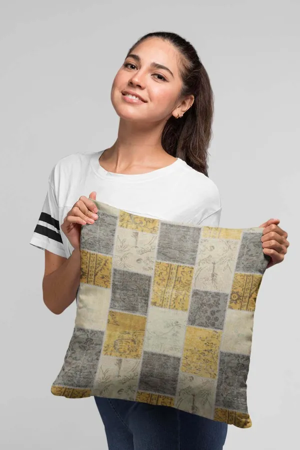Gri Sarı Kırlent Kılıfı Sarı Patchwork Çift Taraflı Yastık Kırlent Kılıfı KRL296