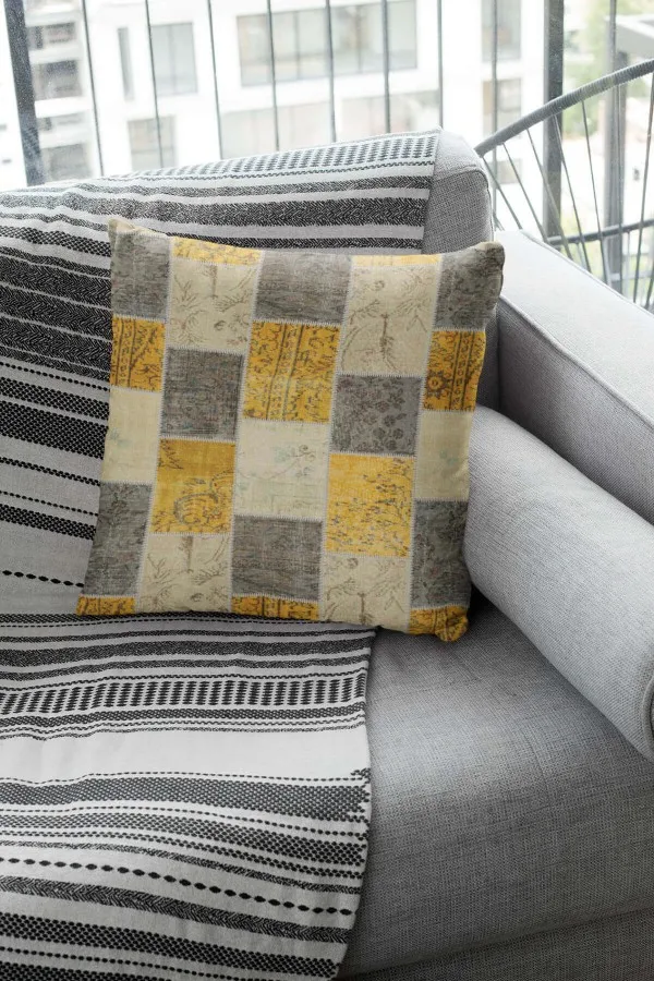 Gri Sarı Kırlent Kılıfı Sarı Patchwork Çift Taraflı Yastık Kırlent Kılıfı KRL296