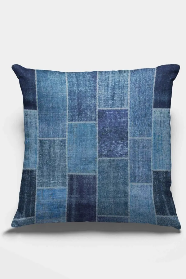 Patchwork Kırlent Modelleri Mavi Patchwork Çift Taraflı Yastık Kırlent Kılıfı KRL297