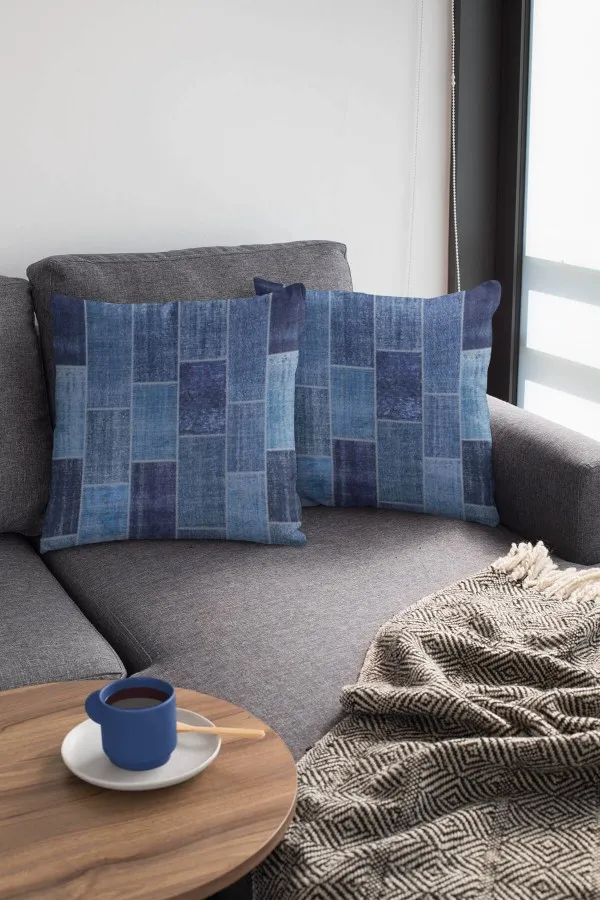 Patchwork Kırlent Modelleri Mavi Patchwork Çift Taraflı Yastık Kırlent Kılıfı KRL297