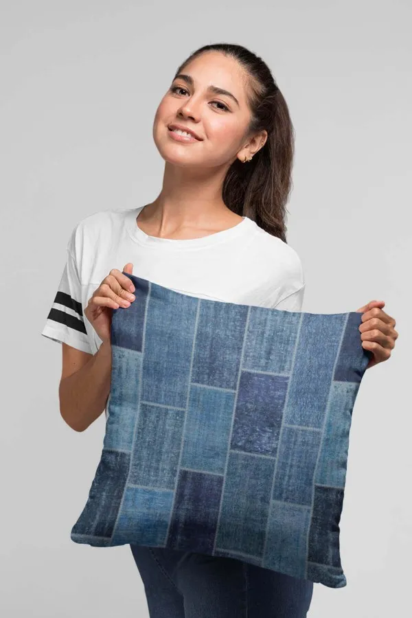 Patchwork Kırlent Modelleri Mavi Patchwork Çift Taraflı Yastık Kırlent Kılıfı KRL297