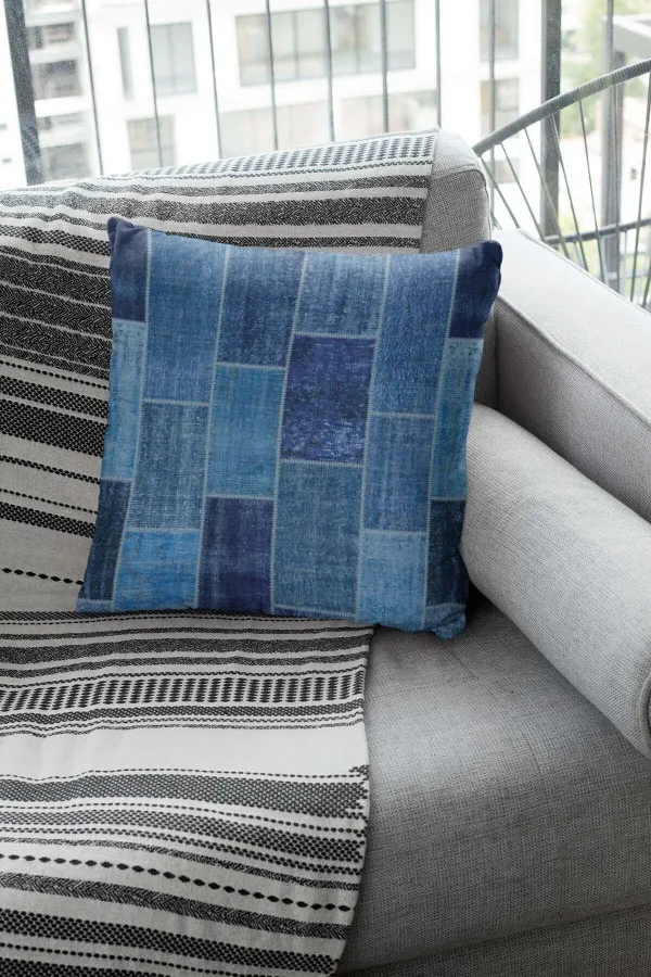 Patchwork Kırlent Modelleri Mavi Patchwork Çift Taraflı Yastık Kırlent Kılıfı KRL297