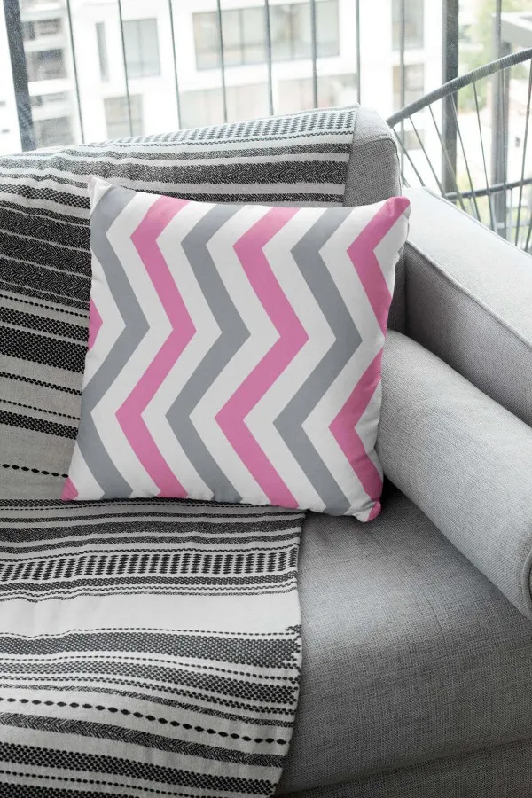 Gri Pembe Yastık Kılıfı Pembe Zigzag Çift Taraflı Yastık Kırlent Kılıfı KRL304