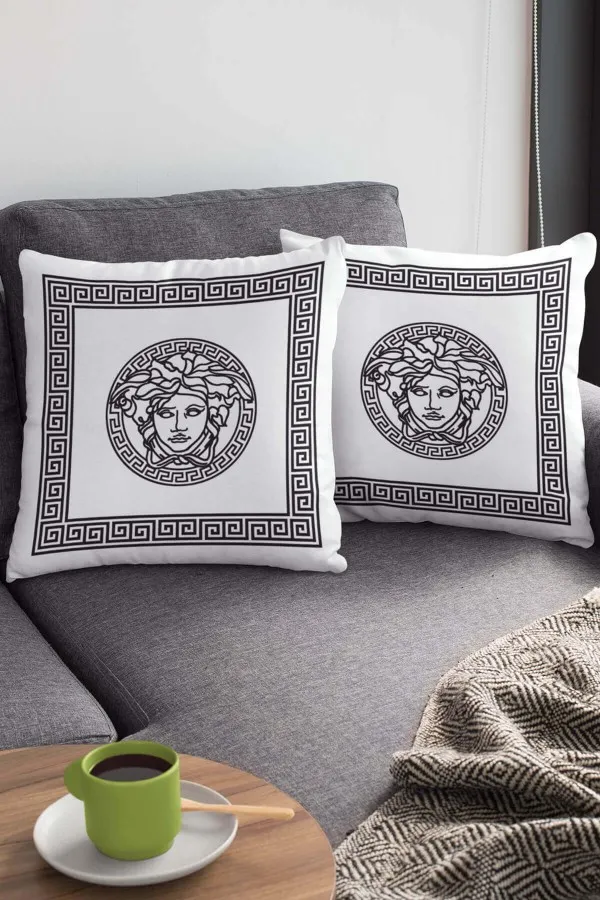 Versace Kırlent Kılıfı Beyaz Çerçeveli Çift Taraflı Yastık Kırlent Kılıfı KRL308