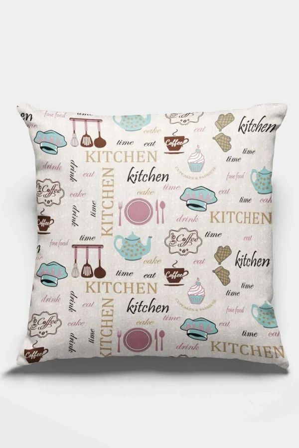 Kitchen Yazılı Kırlent Kılıfı Pembe Mutfak Çift Taraflı Yastık Kırlent Kılıfı KRL336