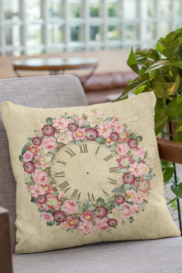 Çiçek Desenli Kırlent Kılıfı Bej Çiçek Desenli Çift Taraflı Yastık Kırlent Kılıfı KRL340
