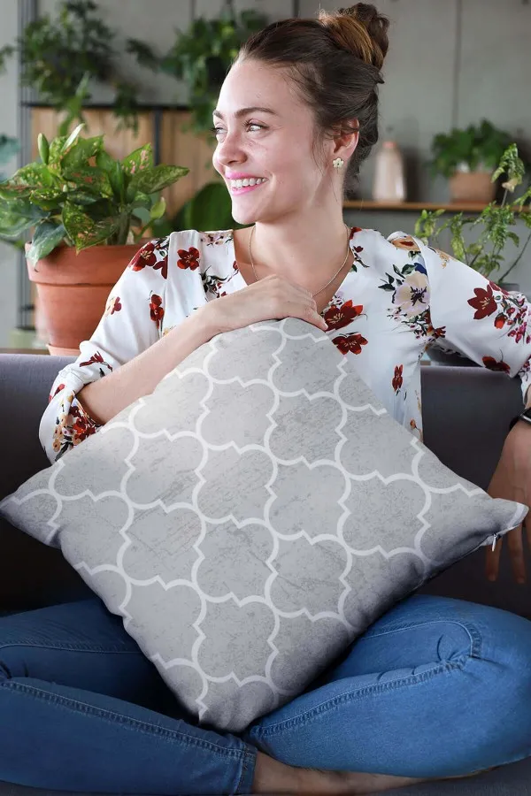 Gri Beyaz Yastık Kılıfı Gri Fas Etnik Desen Çift Taraf Yastık Kırlent Kılıfı KRL343