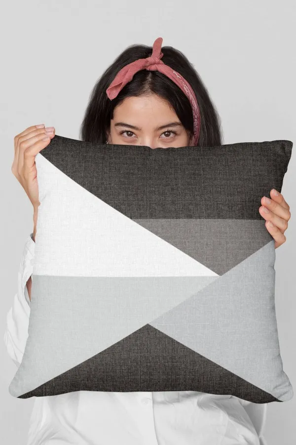 Geometrik Desenli Kırlent Gri Geometrik Desen Çift Taraf Yastık Kırlent Kılıfı KRL347