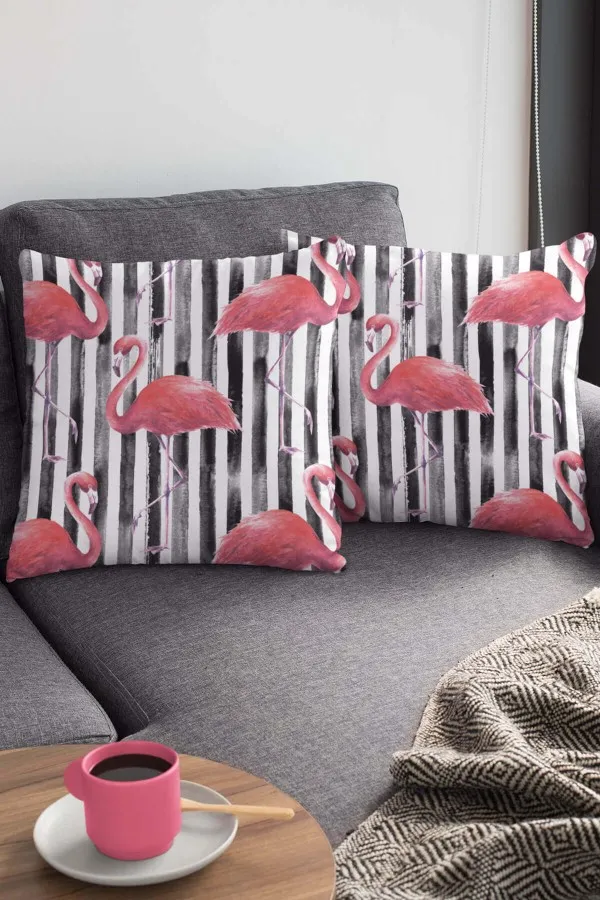 Flamingo Desenli Yastık Kılıfı Pembe Flamingolu Çift Taraflı Yastık Kırlent Kılıfı KRL354