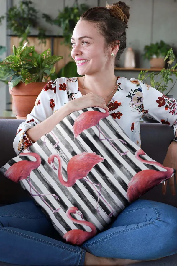 Flamingo Desenli Yastık Kılıfı Pembe Flamingolu Çift Taraflı Yastık Kırlent Kılıfı KRL354