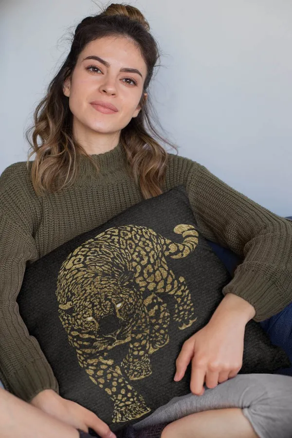 Leopar Desenli Kırlent Kılıfı Gold Leopar Çift Taraflı Yastık Kırlent Kılıfı KRL355