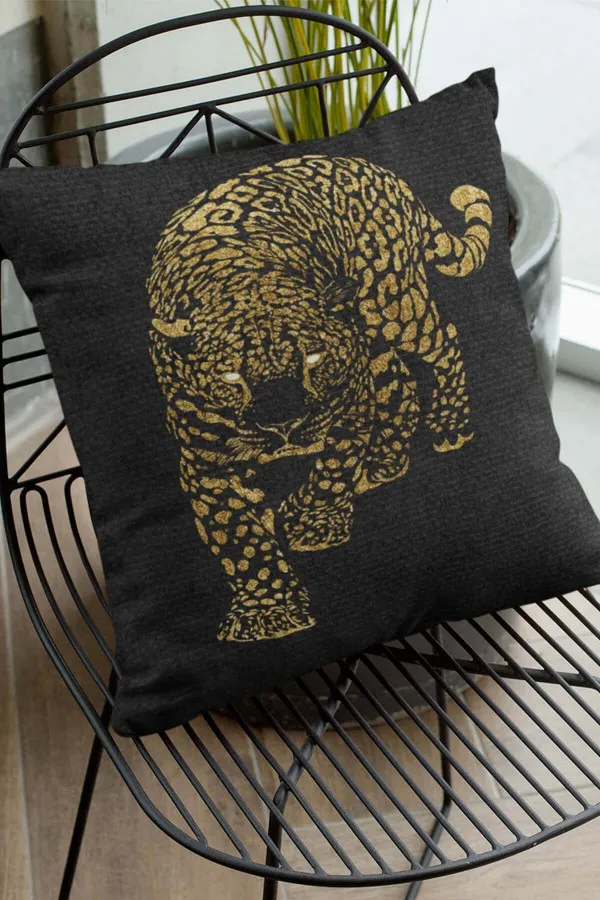 Leopar Desenli Kırlent Kılıfı Gold Leopar Çift Taraflı Yastık Kırlent Kılıfı KRL355
