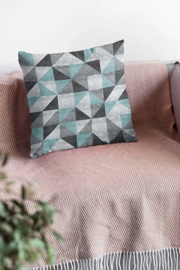 Geometrik Desenli Kırlent Kılıfı Turkuaz Geometrik Çift Taraflı Yastık Kırlent Kılıfı KRL379