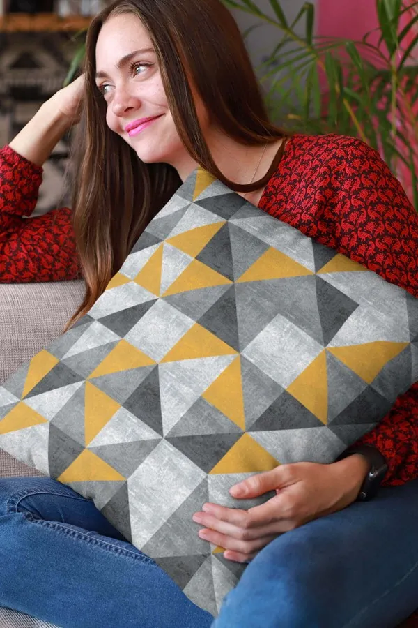 Geometrik Desenli Kırlent Kılıfı Sarı Geometrik Desen Çift Taraf Yastık Kırlent Kılıfı KRL380