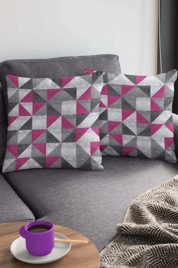 Geometrik Desenli Kırlent Kılıfı Fuşya Geometrik Çift Taraflı Yastık Kırlent Kılıfı KRL384