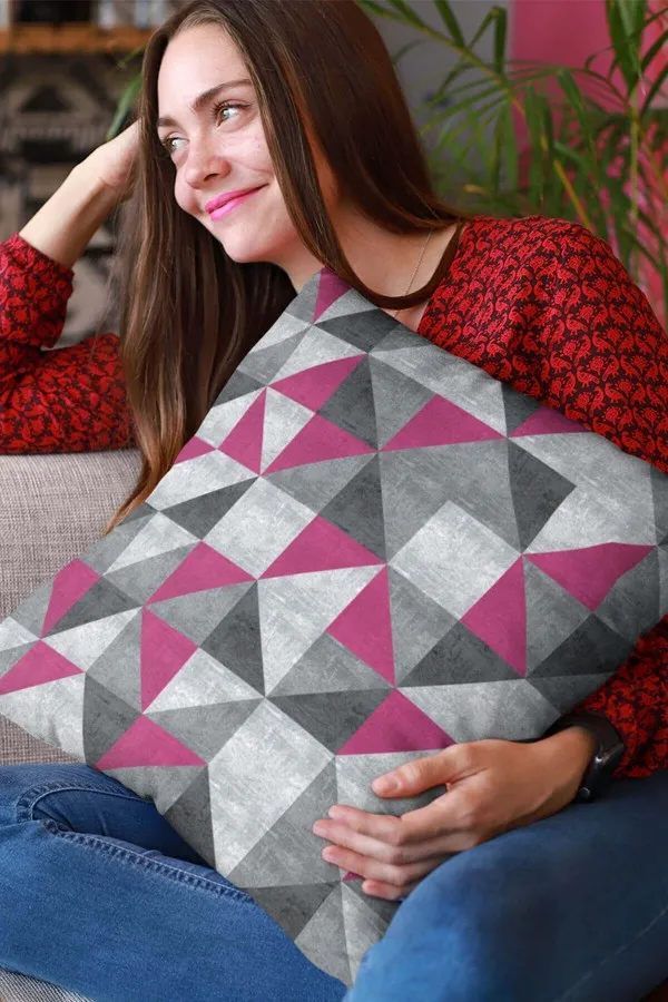 Geometrik Desenli Kırlent Kılıfı Fuşya Geometrik Çift Taraflı Yastık Kırlent Kılıfı KRL384