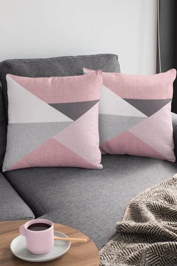 Geometrik Desenli Yastık Pembe Geometrik Desenli Çift Taraflı Kırlent Kılıfı KRL390